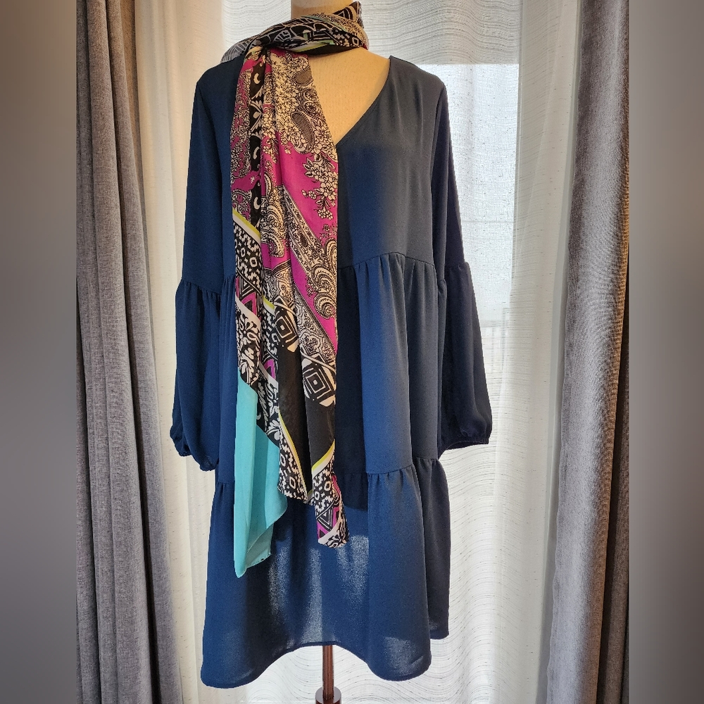PINZIKO Long Sleeve Tunic Dress V Neck Casual Loose Flowy Swing Shift Dress M/L - Picture 2 of 14